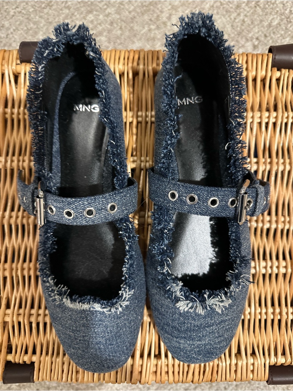 Mango Frayed Denim Mary Jane Flats in Navy Sz 37
